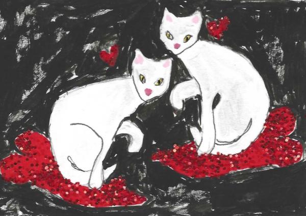 Cats On Hearts is featured for Valentines Day Cards. It shows two white cats seated on sparkly red hearts with a black background.
