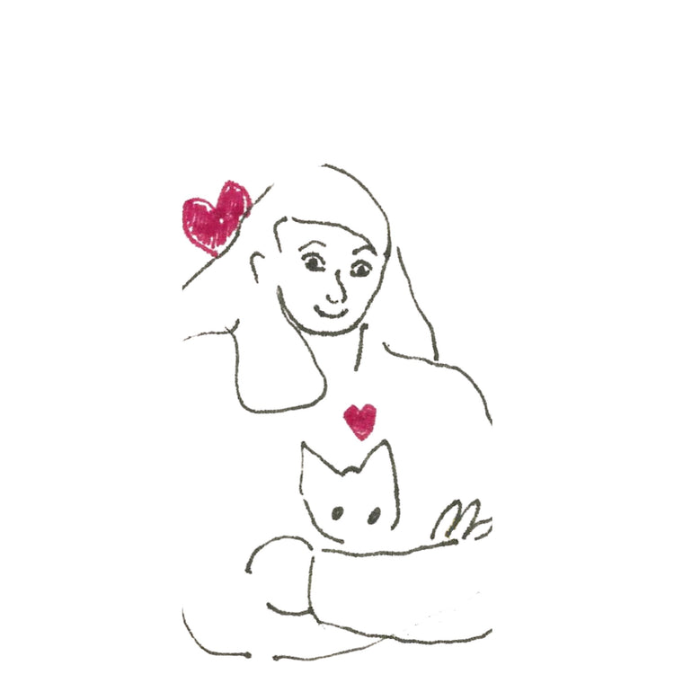 A black and white drawing of a girl with her hat enfolded in her arms. There are two red hearts, one in the girls hair, one over the cats ear. Titled Armful of Love