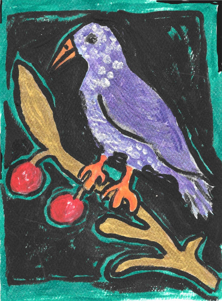 Birdie On A Twig showcases a purple bird with orange feet and beak sitting on a brown twig with red berries.