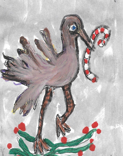 Birdie With Candy Cane Christmas card is a little brown bird with blue eyes holding a candy cane in his beak. He is standing on sprigs on holly.