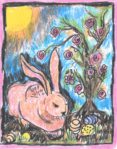 A pink bunny rests under a rose bush under a bright yellow sun. There are colorful Easter eggs laying on the green grass.
