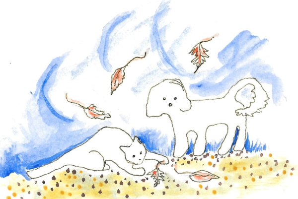 Falling Leaves greeting card features a white Maltese dog and white cat standing amid the swirling leaves of fall.