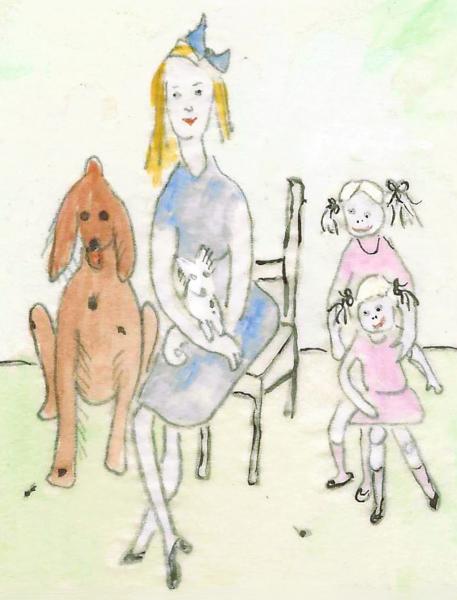 Mother's Day greeting card shows a mother with her two daughters and her Irish Setter who has some ticks on him