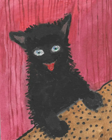 Front of greeting card features happy looking black cat with bright blue eyes and red tongue out against a burgundy background.