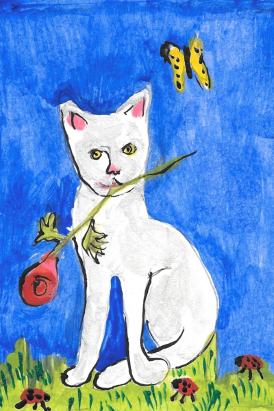 Caspar And Suddenly greeting card shows a pretty white cat with a rose in his mouth. He is sitting on green grass with lady bugs. In the blue sky there is a yellow butterfly.