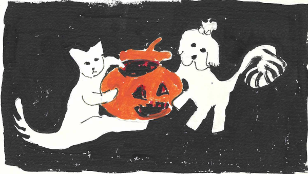 The Pumpkin Is Ready Halloween card features a white dog and cat holding a carved pumpkin with the lid askew.