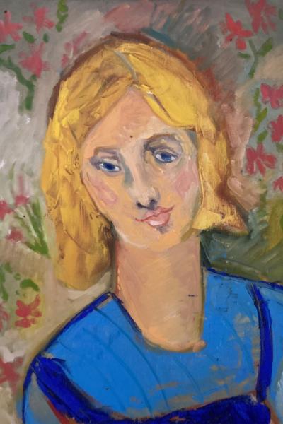 Yellow Haired Girl art print is a portrait of a demure girl in a blue dress with golden locks.