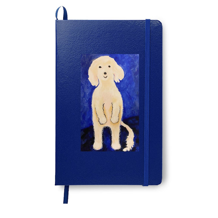 Ollie Stands Up journal features a Maltese dog standing on his hind legs with his tail touching the floor. The big smile on his face is complimented by the cobalt blue background,