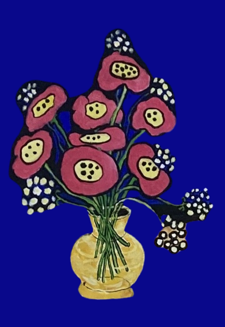 Happy deep red Poppies sit in a gold vase with sprigs of babies breath with a bright cobalt blue background. From the notecard Poppies in Gold Vase
