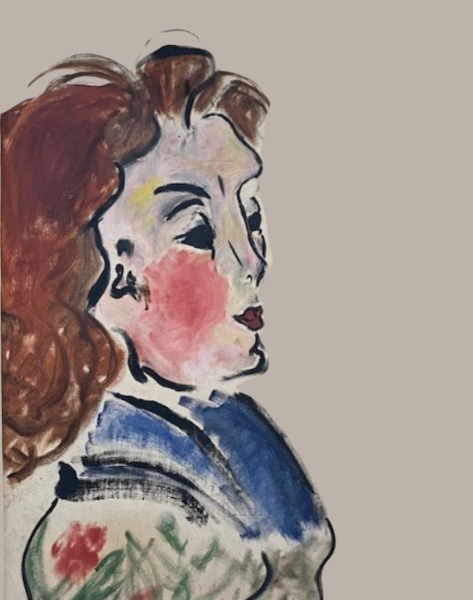 This portrait of Jeanette printed on acrylic shows a brown haired girl with rosy cheeks. She is wearing a dress of blue green and red and is standing in profile,