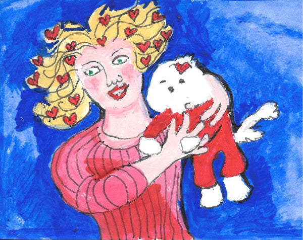 A blonde haired girl with hearts in her hair lifts a little white Maltese Dog wearing a red ski suit. The background is bright blue and the scene is a happy one, full of joy.