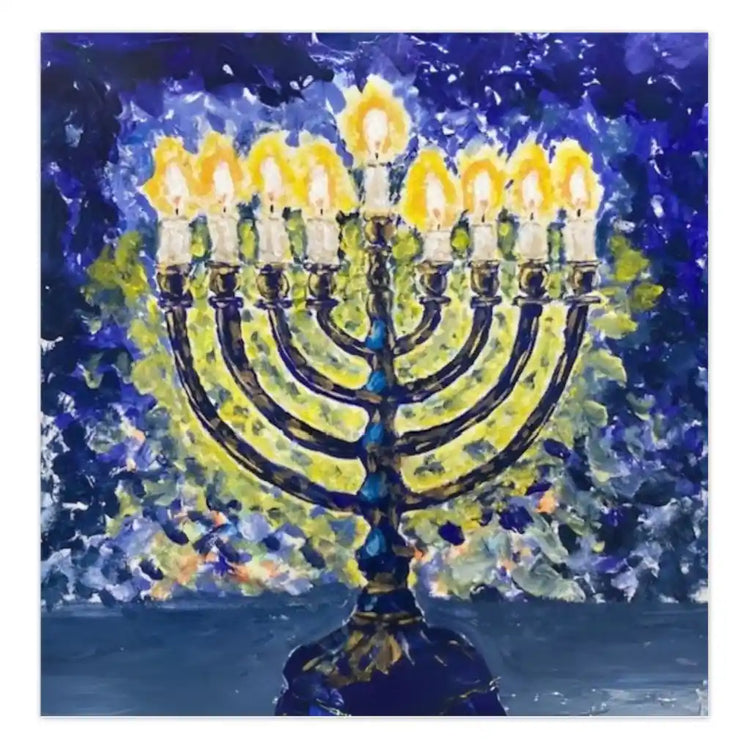 All candles are ablaze on the menorah with a blue sparkly bacground