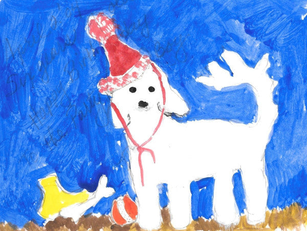 A simple painting of a Maltese dog with a red party hat against a cobalt blue background. At his feet are a ball and a bone.