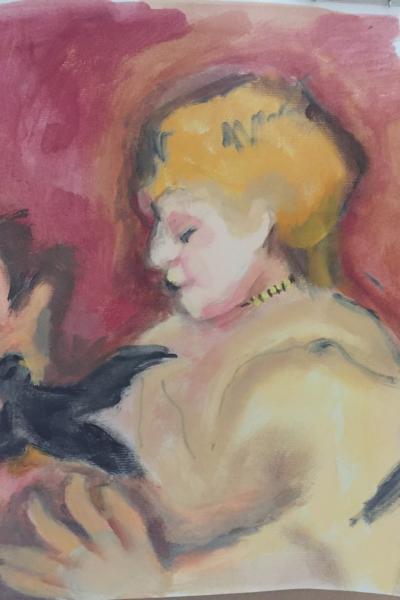 Girl With Bird art print shows a fair haired woman holding a black bird in her hands. The background is deep red.