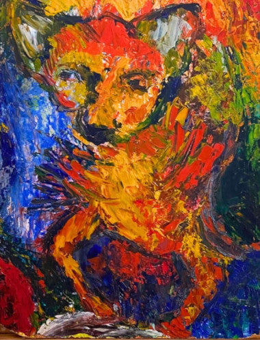 Colorful long hair chihuahua painted in vibrant yellow orange and blues displayed on the front of the notebook