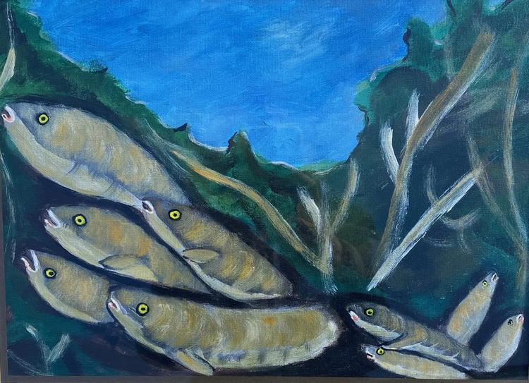Ochre and beige colored fish swim upwards from the seaweed. The blue sky shines overhead.