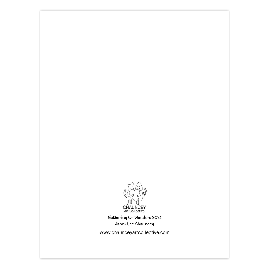 Back of the Holiday greeting card which shows the Chauncey Art Collective Logo of cat and dog standing holding a heart between them with the card title below Gathering of Wonders centered at the bottom of the page.
