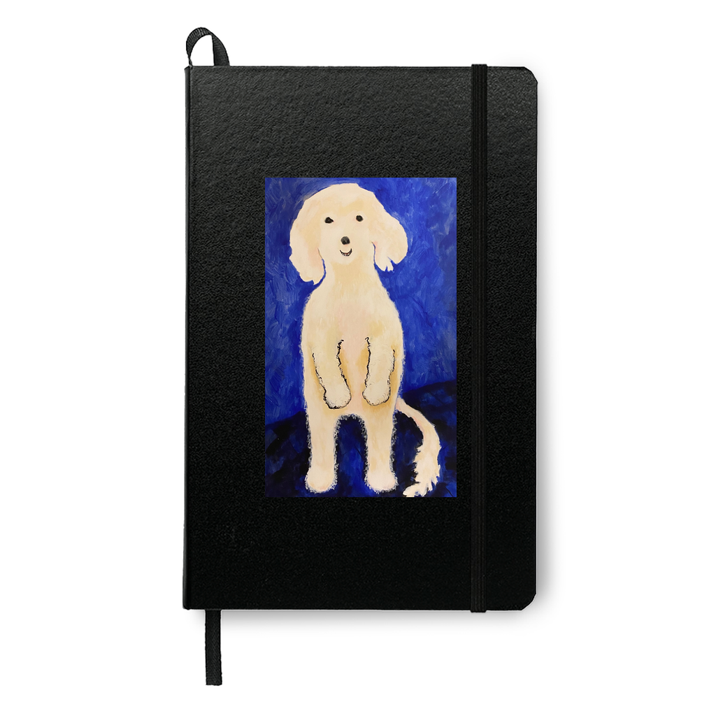 Ollie Stands Up journal features a white Maltese dog with a big smile on his face. He is standing on his hind legs with his puffy tail falling to the ground. His arms are in front of his body as he stands tall. The background is cobalt blue.