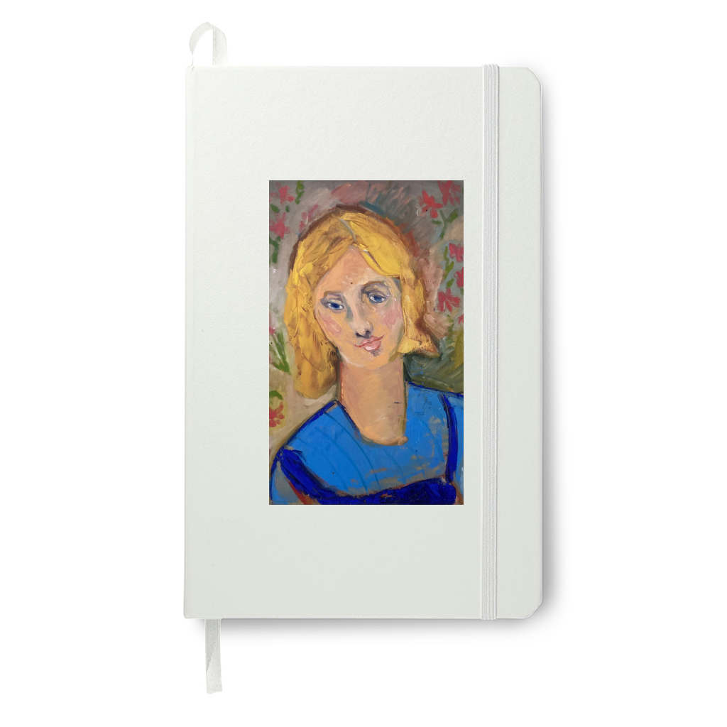 Yellow Haired Girl journal in white highlights the demure look of this portrait. All of the colors come alive with the neutral background.