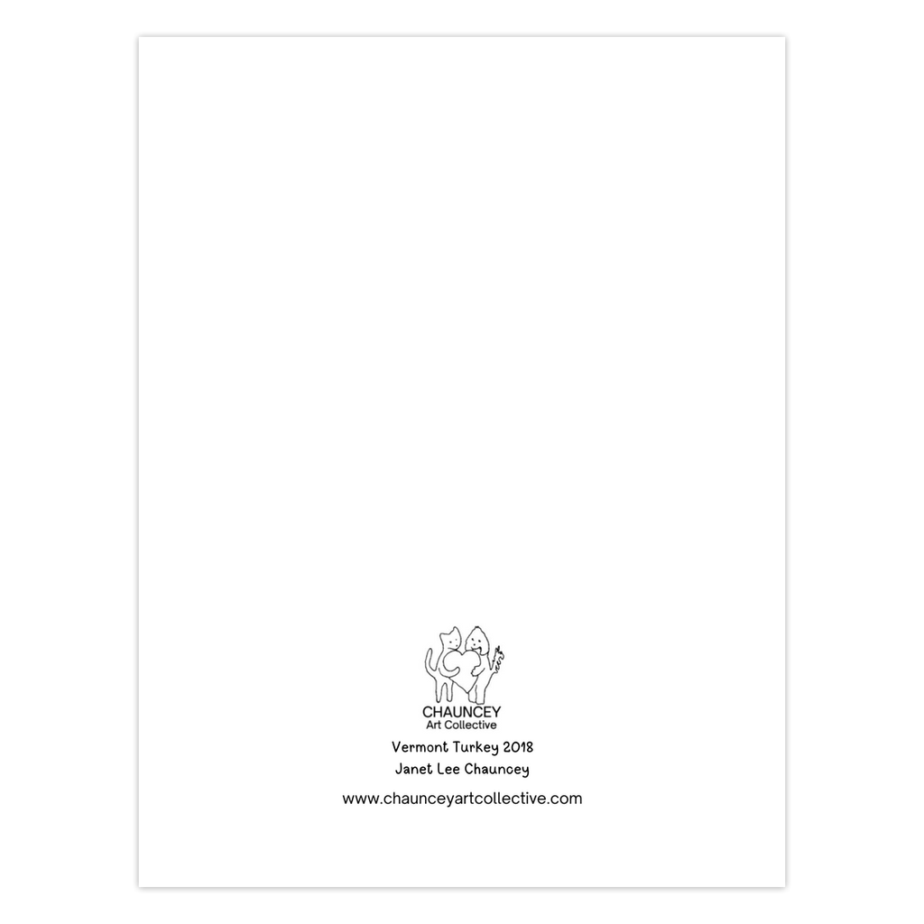 Back of the autumn themed greeting card which shows the Chauncey Art Collective Logo of cat and dog standing holding a heart between them with the card title below Vermont Turkey centered at the bottom of the page.
