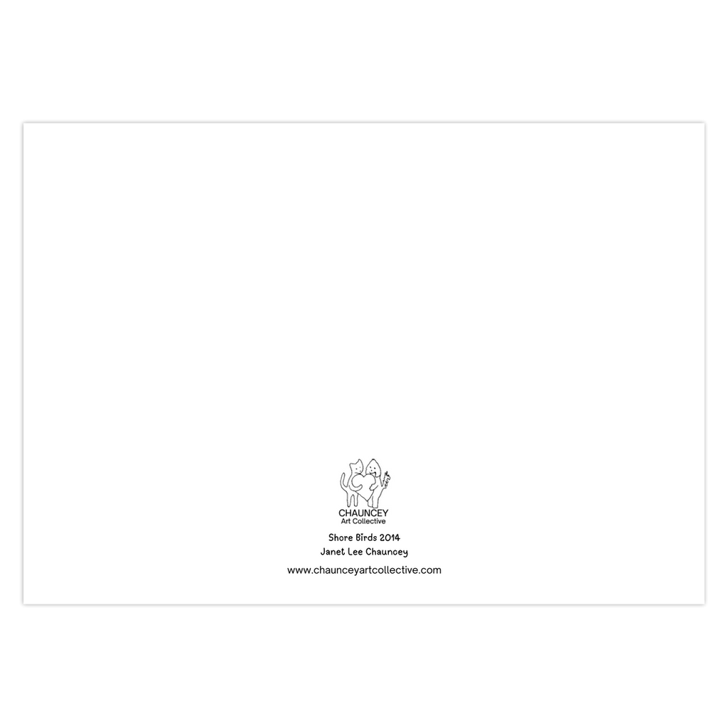 The back of the greeting card Shore Birds showing its title along with the Chauncey Art Collective logo.