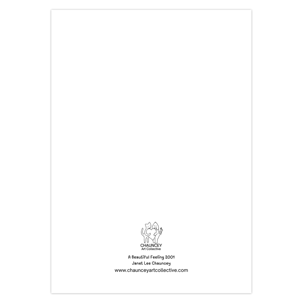 The back of the Christmas card A Beautiful Feeling shows the card title and the Chauncey Art Collective logo.
