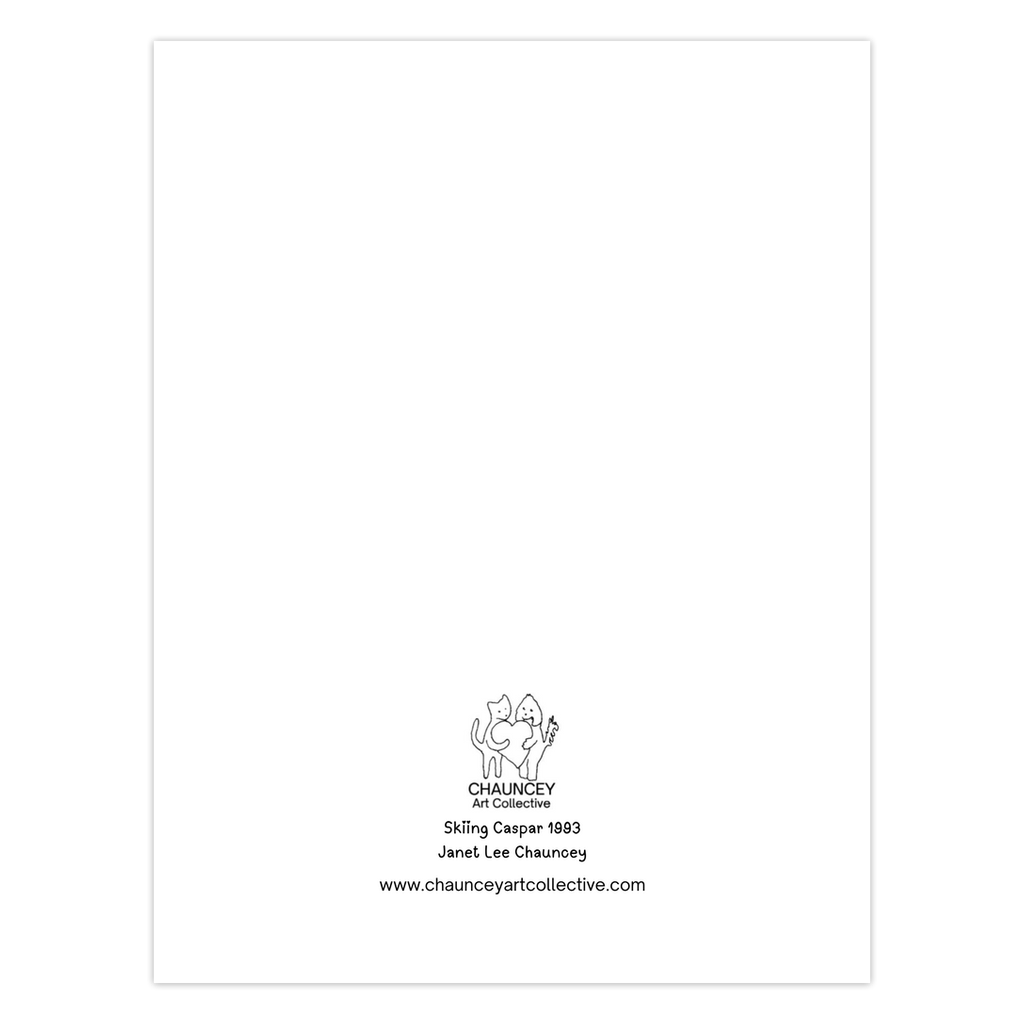 Back of the greeting card which shows the Chauncey Art Collective Logo of cat and dog standing holding a heart between them with the card title below Skiing Caspar centered at the bottom of the page.