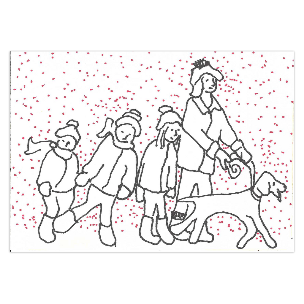 Front side of greeting card showing a mother and three children walking towards the right in the snow with a dog in the lead. The mother is holding a leash to which a dog is attached. All figures wear hats and jackets and boots and mittens, some with scarves. The images are drawn in black ink on white background the only color being red snowflakes. The title of this winter card is Hunter Leads The Way For A Fun Day.