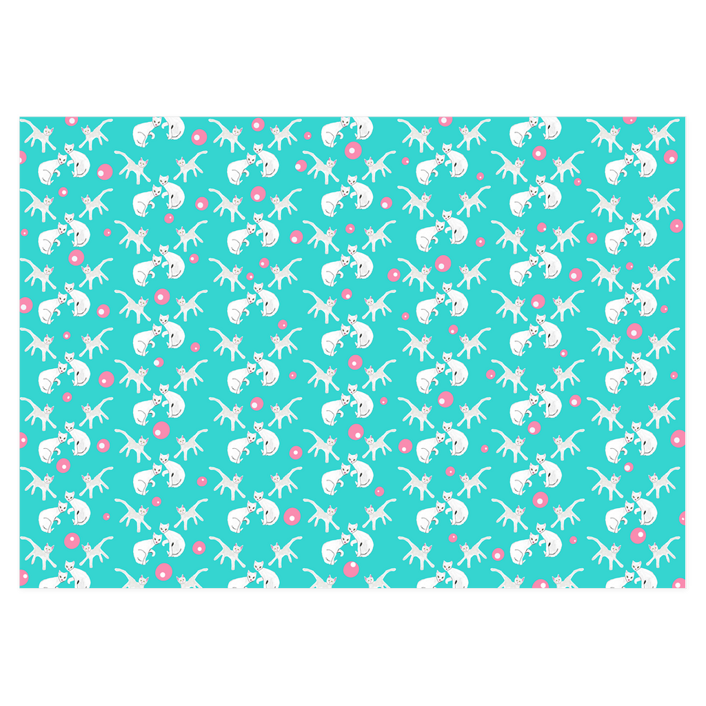 Front and back of the wrapping paper with 4 playful white cats against a teal blue background with pink balls and white dots randomly placed among the cats. The title of this paper elegant giftwrap is Fancy Felines.