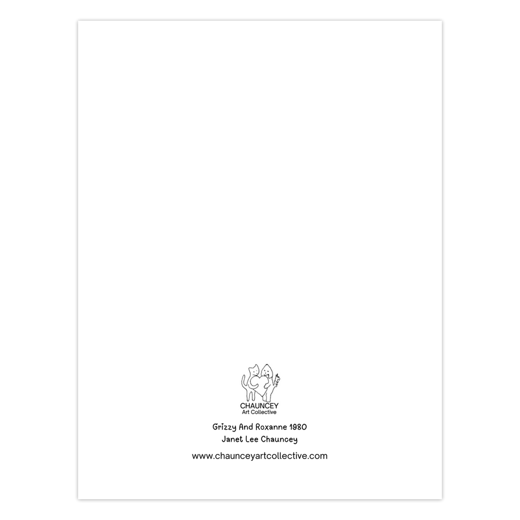 A mock up of the rear of the greeting card Grizzy and Roxanne showing the title and the Chauncey Art Collective logo.