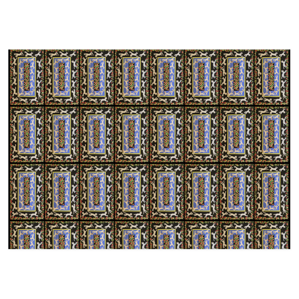 Cats In The Garden wrapping paper shows the repeated rectangle pattern of white cats joyously running around on a blue and black background. Art by Janet Lee Chauncey. Gift wrap by Chauncey Art Collective.