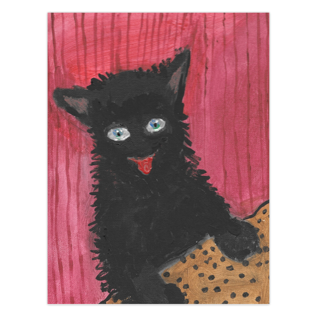 Front of greeting card with a fluffy black cat, vivd blue eyes and red tongue with paws up on a gold surface with black dots. We do not see the lower half of the cat. The background is a red on red stripe. The title of this folded card is Happy Cat.