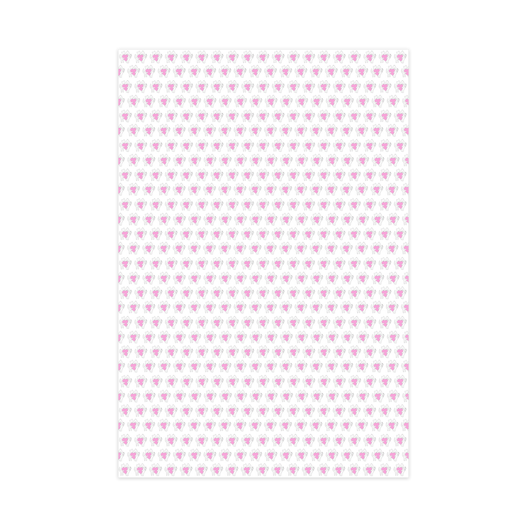 The repeated pattern of Sharing A Big Heart Wrapping paper roll is shown with a dog and cat holding a large pink heart. This image is the same as the Chauncey Art Collective logoj.