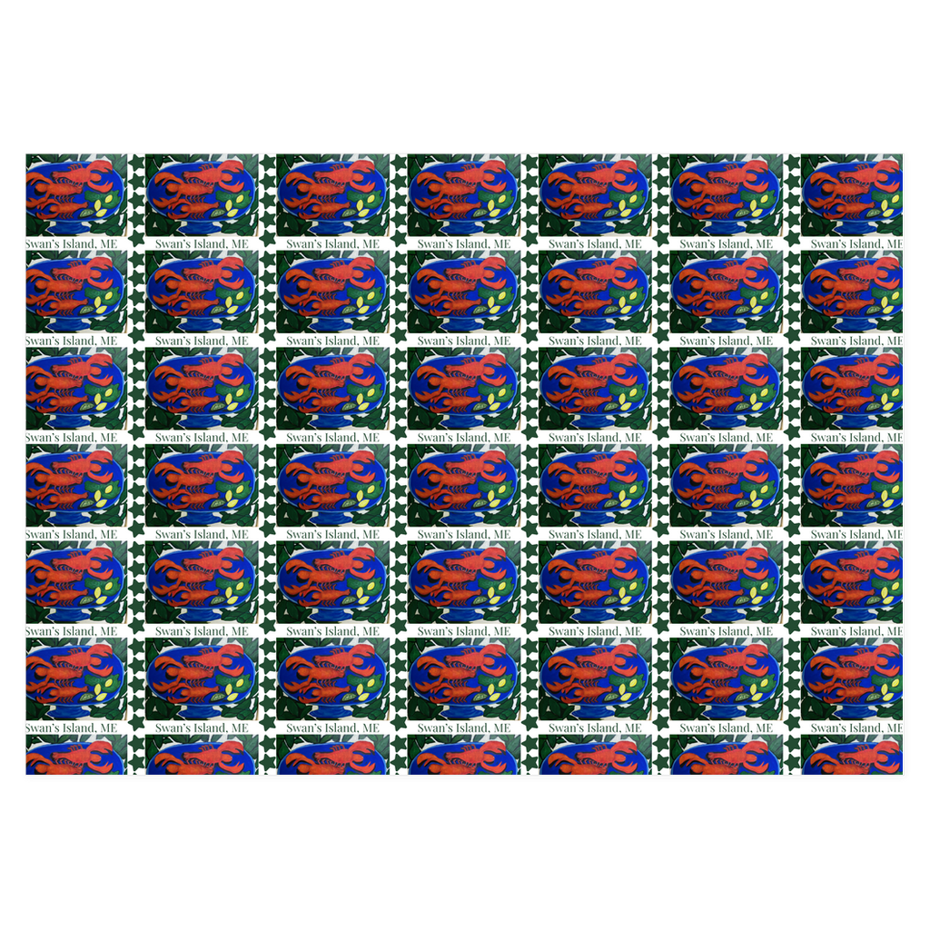 Swan's Island wrapping paper has a repeated pattern with a picture of red lobsters on a blue platter surrounded by green stars and the words Swan's Island, ME under the picture.