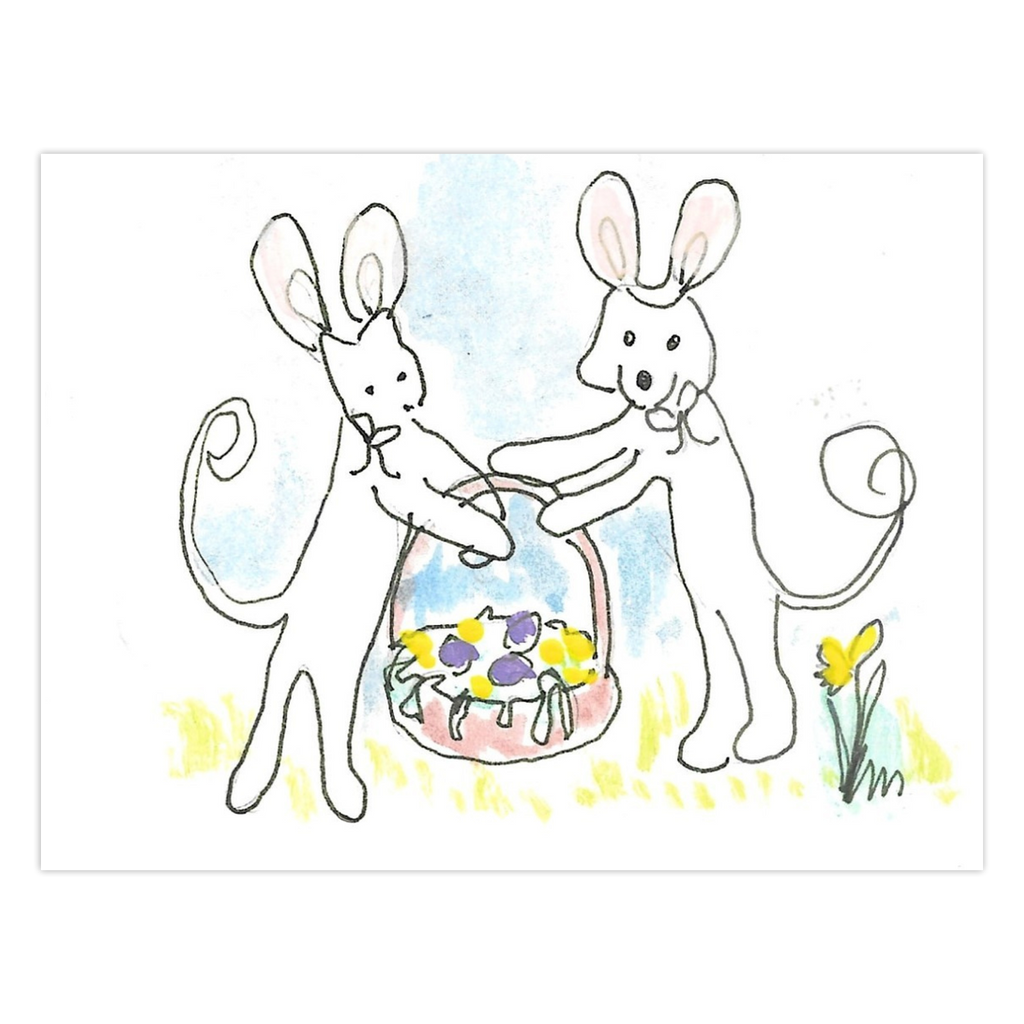 Easter Basket From Caspar And Oliver greeting card featuring a cute dog and cat with a gift basket, ready for Easter festivities, reproduced from an original acrylic painting by Janet Lee Chauncey. Card by Chauncey Art Collective