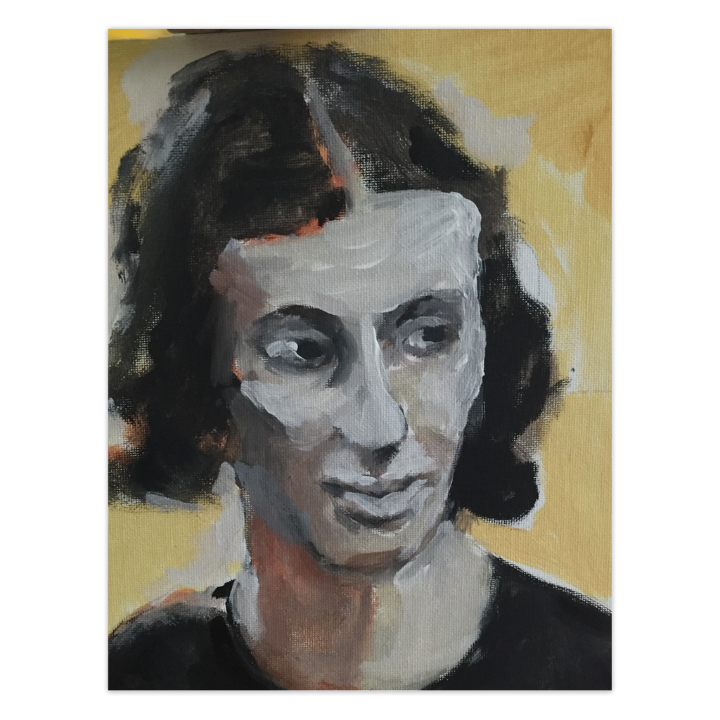 This portrait of A Paint Night Study Of Girl shows a dark haired woman with a pale complexion staring intently at something or someone. Her jaw is firm and her eyes are steady. She is interesting!