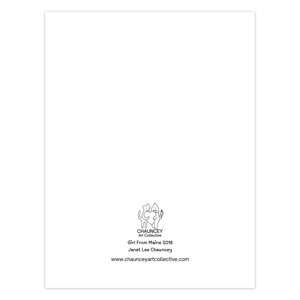 Back of the greeting card which shows the Chauncey Art Collective Logo of cat and dog standing holding a heart between them with the card title Girl From Maine printed below centered at the bottom of the page.