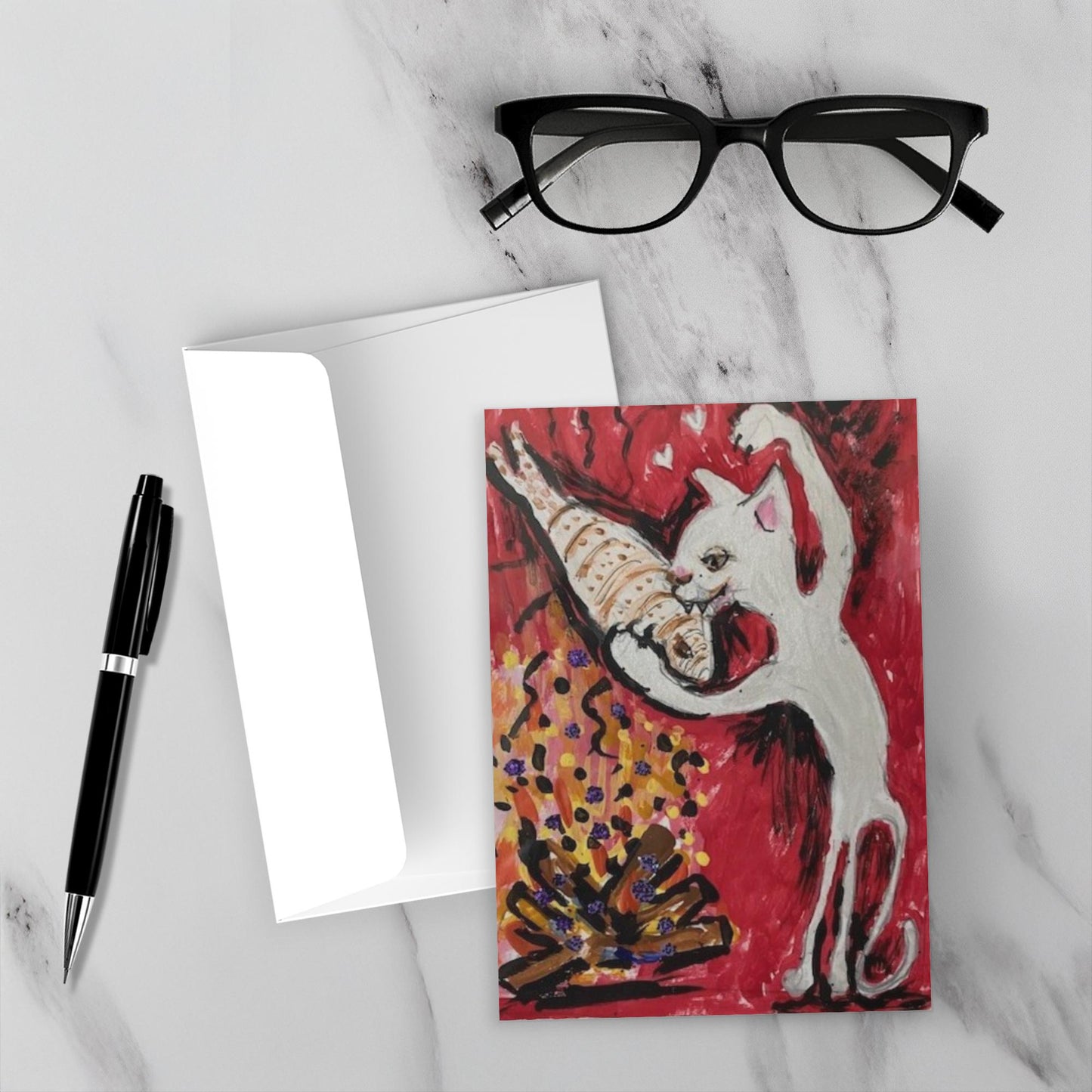 The vivid colors of Firepit Fun! greeting card really stand out against the white marble background of this mockup.