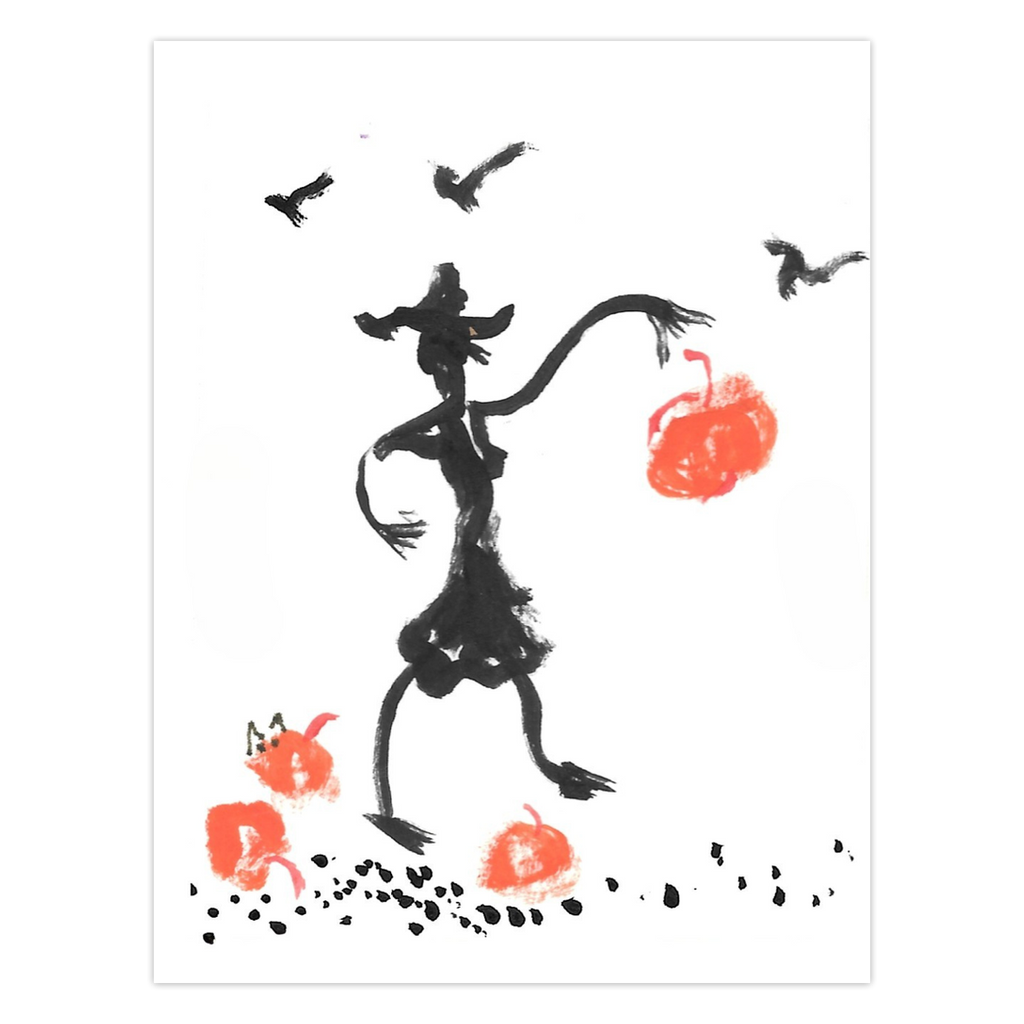 Pumpkin Drop greeting card featuring a witch dropping a pumpkin in a pumpkin patch while a cat watches, reproduced from an original acrylic painting by Janet Lee Chauncey. Front of card by Chauncey Art Collective.