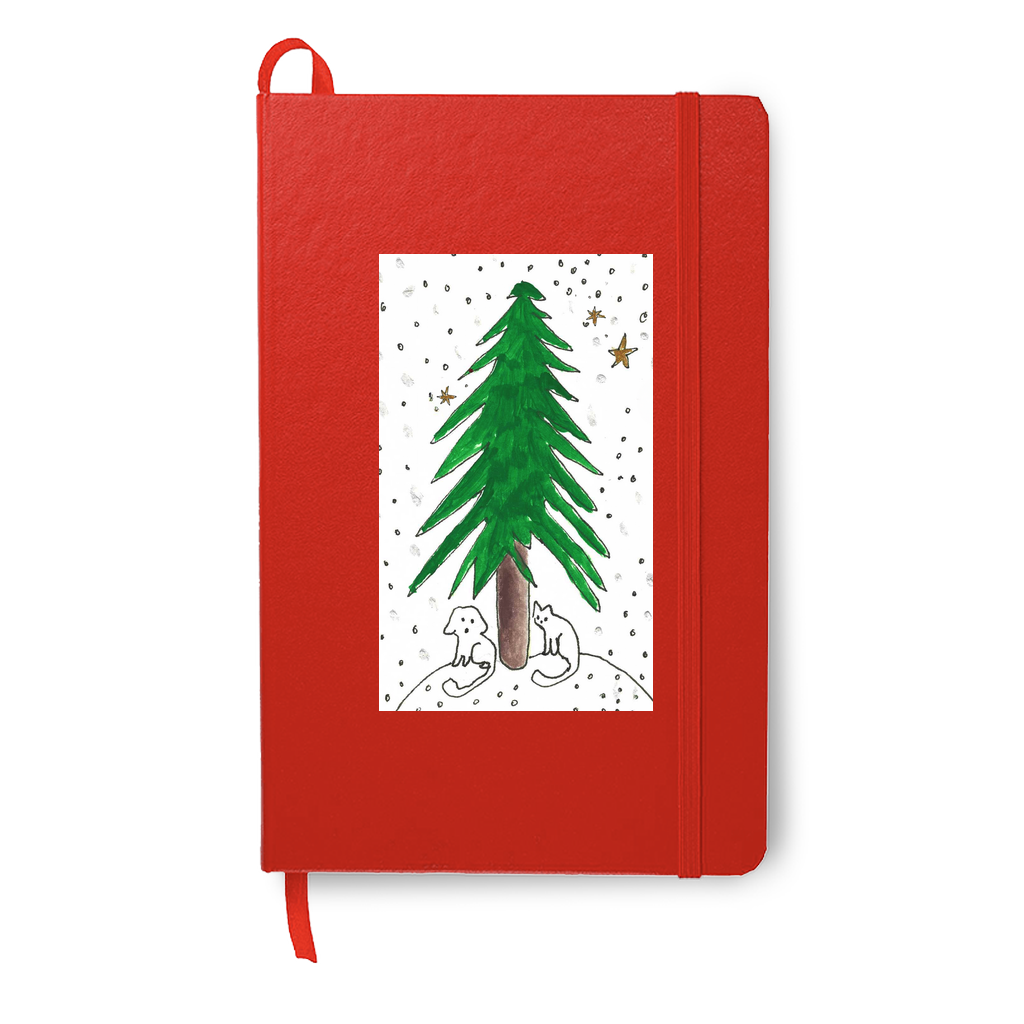 Under The Tree holiday journal features a festive a dog and cat sitting under a pine tree with golden stars in the sky, reproduced from an original acrylic painting by Janet Lee Chauncey. Journal by Chauncey Art Collective