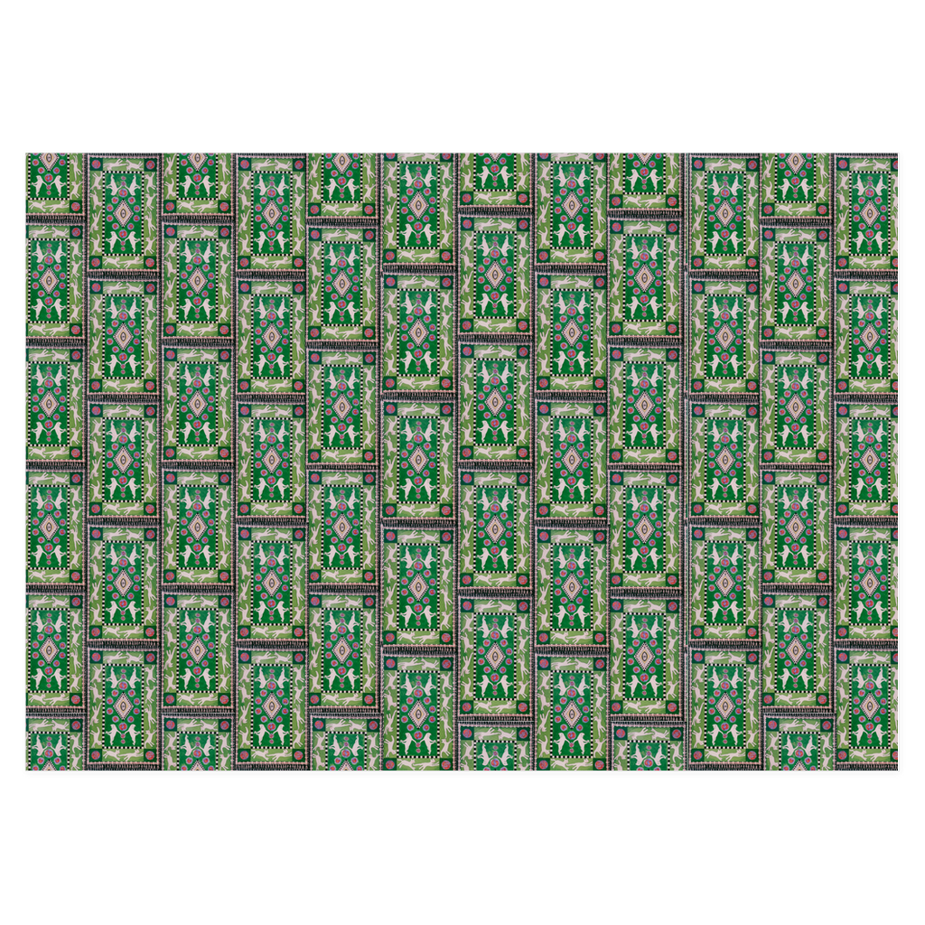 Presentation Cats wrapping paper is a pattern of rectangles with frolicking white cats set against a green background.
