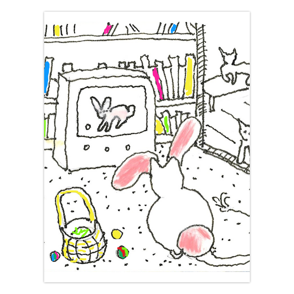 Pet TV Easter Special is an ink drawing of a cat wearing bunny ears watching a bunny on a large television. There is a bookshelf behind the tv with colored books. An Easter basket rests on the floor with scattered eggs near the cat.