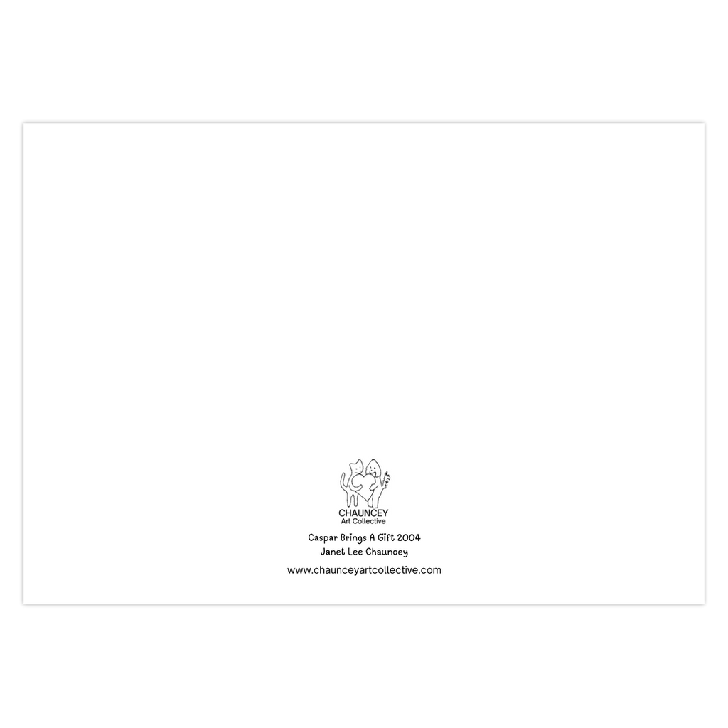 Back of the greeting card which shows the Chauncey Art Collective Logo of cat and dog standing holding a heart between them with the card Caspar Brings A Gift title printed below centered at the bottom of the page.
