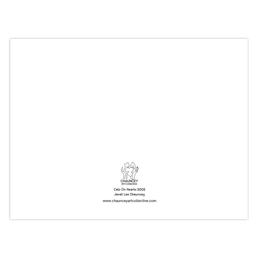 Back of the greeting card which shows the Chauncey Art Collective Logo of cat and dog standing holding a heart between them with the card title Cats On Hearts printed below centered at the bottom of the page.