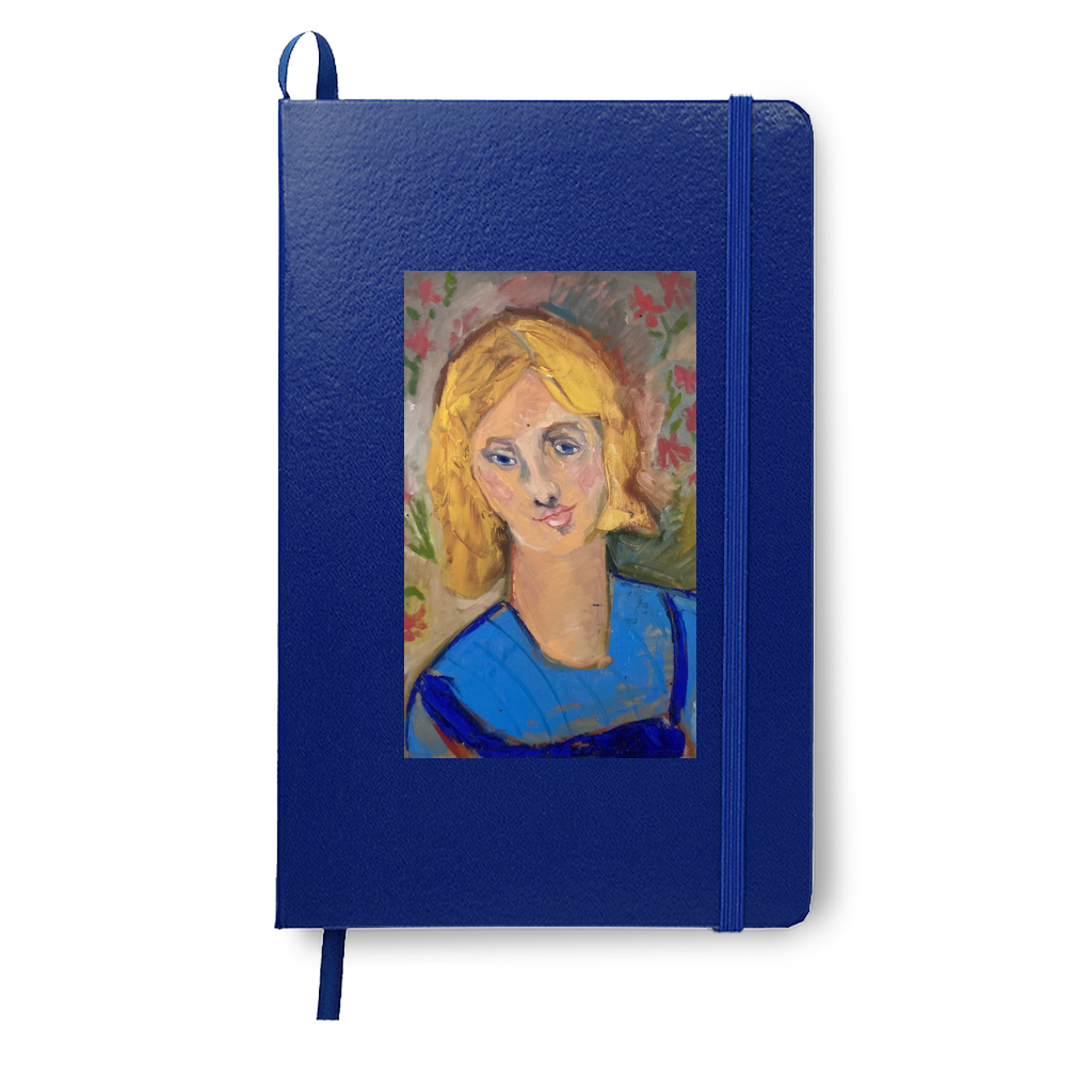 Yellow Haired Girl on a blue journal book highlights the blue of her shirt and jumper. Her blonde hair radiates her face. Art by Janet Lee Chauncey. Journal by Chauncey Art Collective.