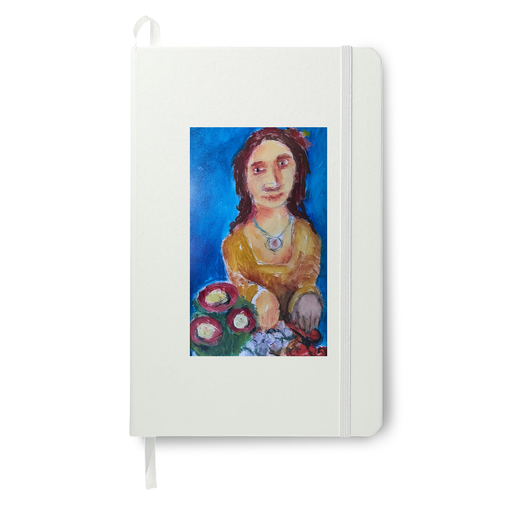 Tasty Fruit on a white journal. All of the colors in the painting pop with this white background. Her demure expression shines.