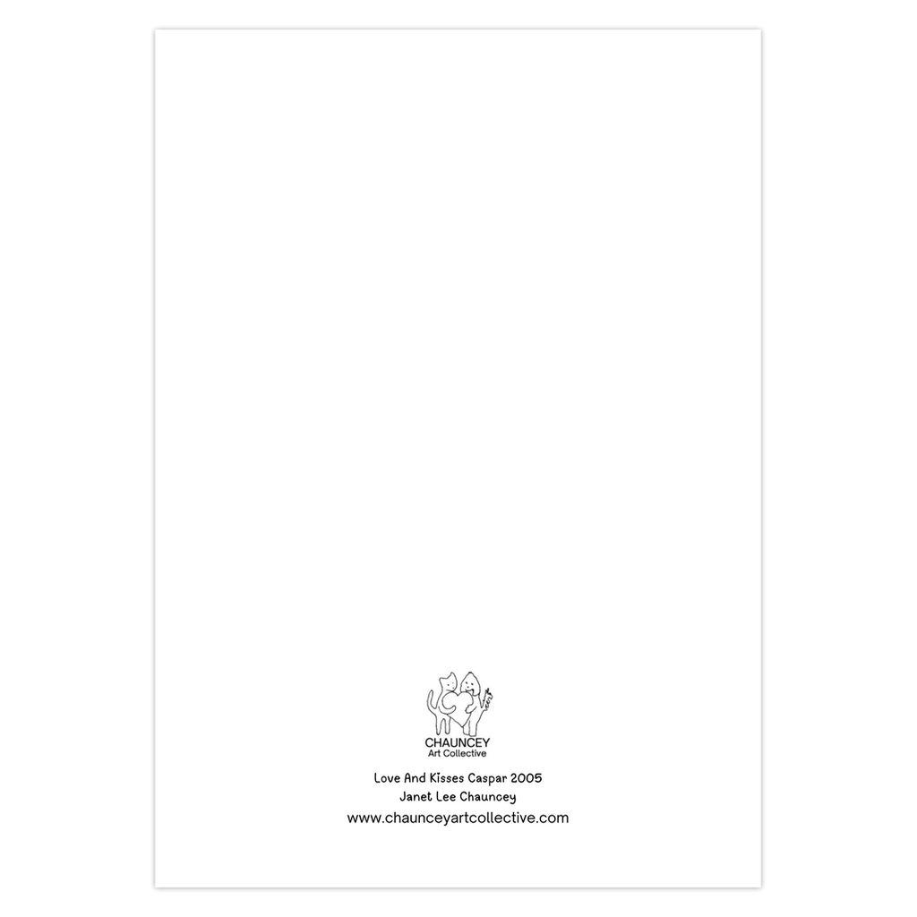 The back of Love And Kisses Caspar greeting card featuring the title of the card and the logo for Chauncey Art Collective.
