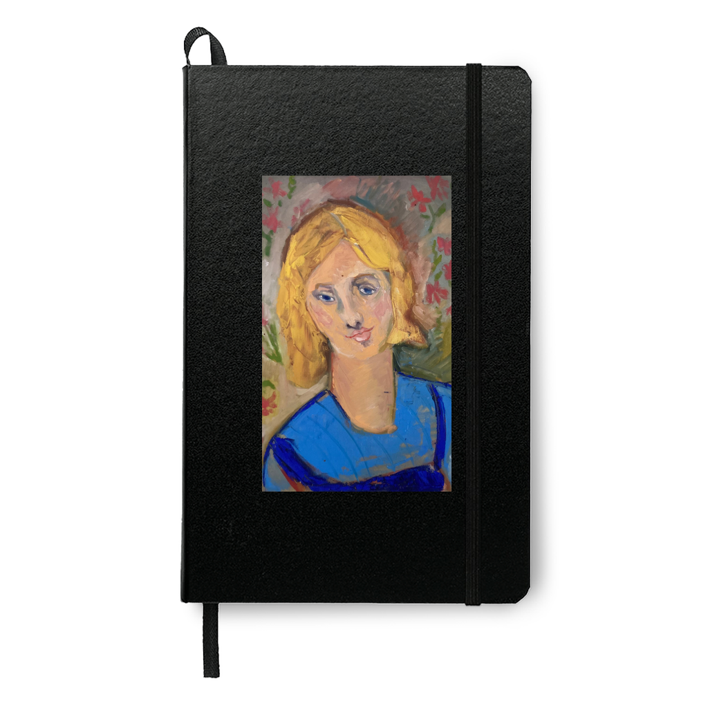 Yellow Haired Girl journal in black showcases her sweet expression, the bright blue of her dress and the colorful red and green flower wallpaper in the background.