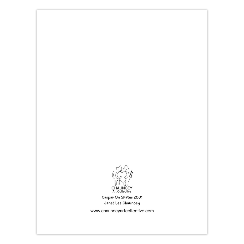 Back of the Holiday greeting card which shows the Chauncey Art Collective Logo of cat and dog standing holding a heart between them with the card title below Caspar On Skates centered at the bottom of the page.