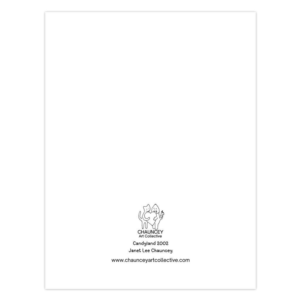 Back of the Christmas greeting card which shows the Chauncey Art Collective Logo of cat and dog standing holding a heart between them with the card title below Candyland centered at the bottom of the page.